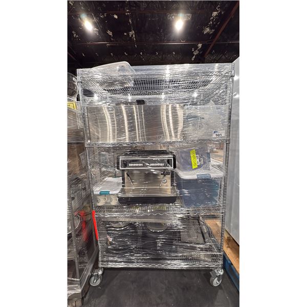 ROLLING RACK WITH ASSORTED PLASTIC CUPS, ESPRESSO MAKER, SOUP POTS AND MORE