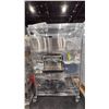 Image 1 : ROLLING RACK WITH ASSORTED PLASTIC CUPS, ESPRESSO MAKER, SOUP POTS AND MORE