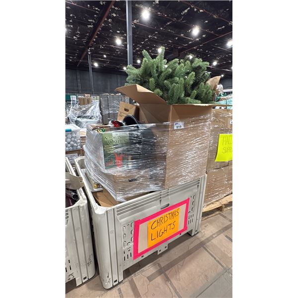 PALLET CRATE OF ASSORTED CHRISTMAS DECORATIONS & LIGHTS
