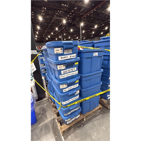PALLET OF ASSORTED SET DEC ITEMS- CROSSBOW ACCESSORIES, CLIMBING SHOES, GOGGLES, HELMETS, HARDHATS