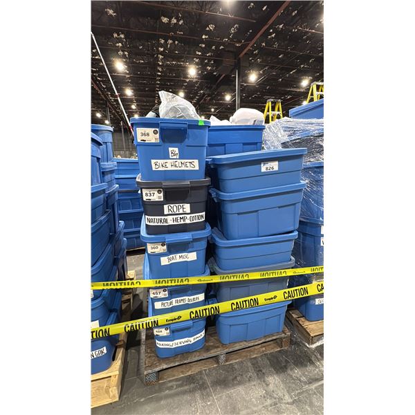PALLET OF ASSORTED SET DEC ITEMS- BOWLS, PICTURE FRAMES, ROPE, BIKE HELMETS, PROTIEN SHAKERS,