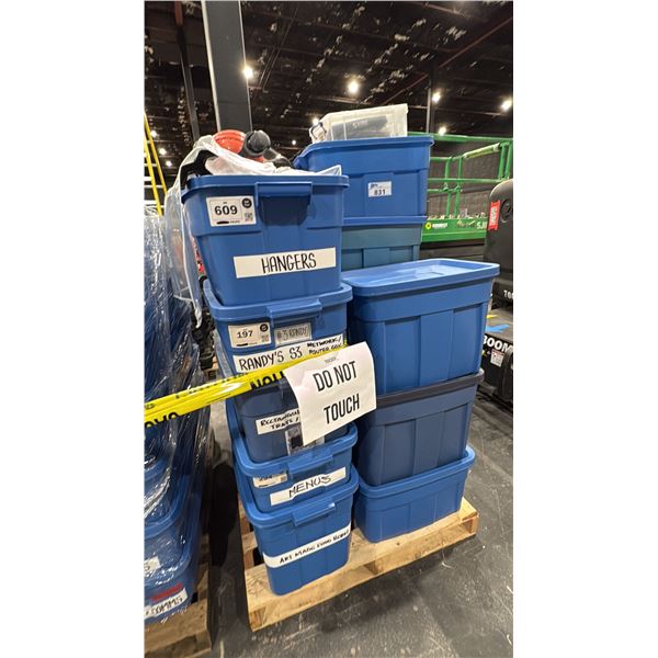 PALLET OF ASSORTED SET DEC ITEMS-HARD HATS, DINER BASKETS, LAPTOP BAGS, CHAIRBACKS, KNIVES, FIRST