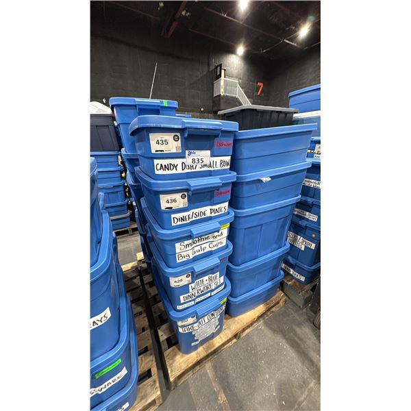 PALLET OF ASSORTED SET DEC ITEMS- TAKE OUT CONTAINERS, DINNERWARE SETS, CANDY DISHES, TIKI GLASSES,