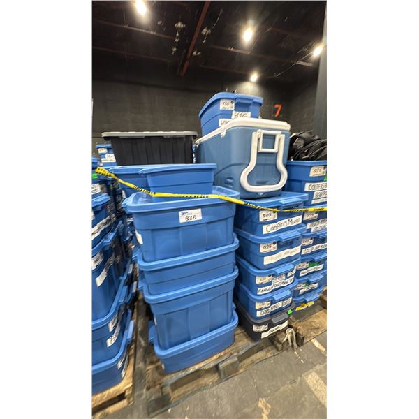 PALLET OF ASSORTED SET DEC ITEMS- CHAINS, OUTDOOR VESTS, RACING HARNESS, CAMPING COOLER,