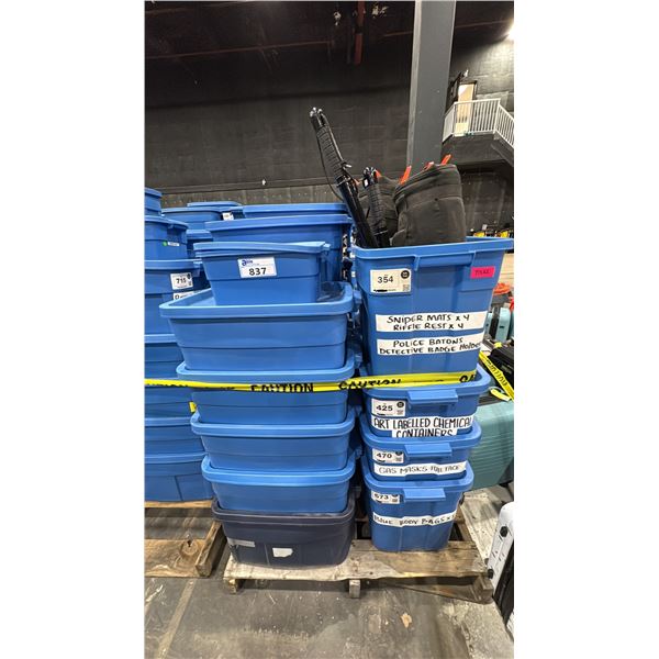 PALLET OF ASSORTED SET DEC ITEMS- SNIPER MATS, GAS MASKS, POKER CHIPS AND RACKS AND MORE