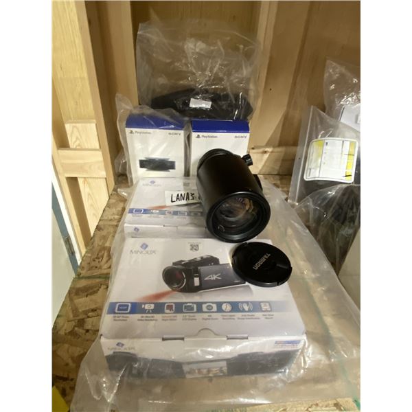 TAMARON CAMERA LENS, 2 PLAYSTATION WEB CAMS AND MINOLTA 4K CAMCORDERS