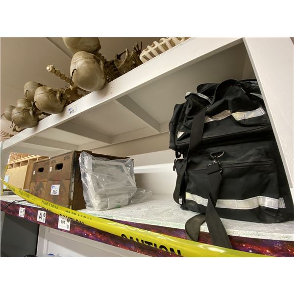 SHELF LOT INCLUDING COFFEE MAKER, FIRST AID KITS AND WOODEN CRATES