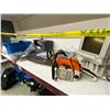 Image 1 : SHELF LOT INCLUDING STIHL CHAINSAW, IRON, ASSORTED PROPS AND MORE
