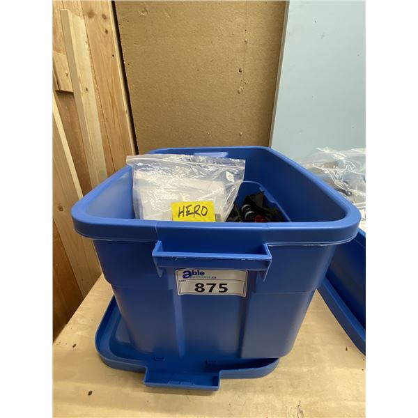 BIN INCLUDING ASSORTED TRAIL CAMS, SCALES, BBQ SET AND MORE