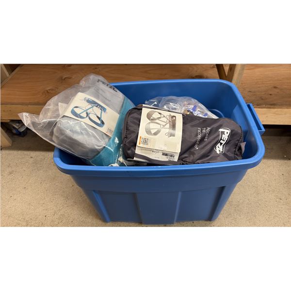 BIN OF PETZL HARNESSES AND ASSORTED PROP ITEMS