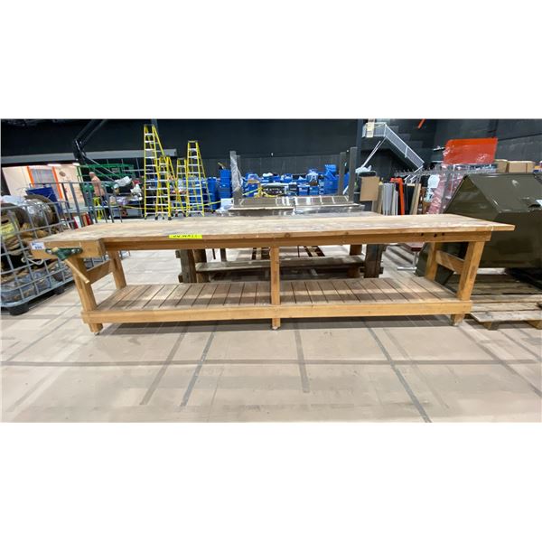 LARGE 2 TIER MOBILE WOODWORKING TABLE WITH VICE