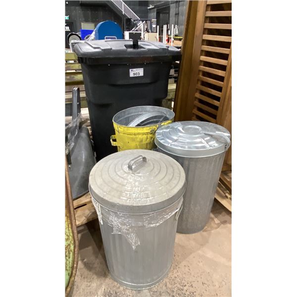 LARGE BLACK MOBILE GARBAGE BIN WITH 3 ASSORTED METAL GARBAGE CANS