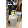 Image 1 : LARGE BLACK MOBILE GARBAGE BIN WITH 3 ASSORTED METAL GARBAGE CANS
