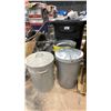 Image 2 : LARGE BLACK MOBILE GARBAGE BIN WITH 3 ASSORTED METAL GARBAGE CANS