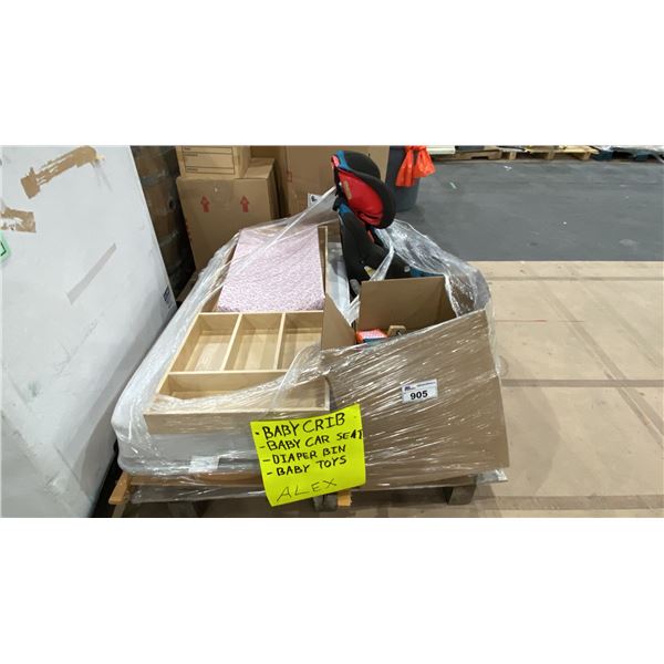 PALLET OF ASSORTED BABY ITEMS- CAR SEAT, BABY CRIB, DIAPER BIN, BABY TOYS