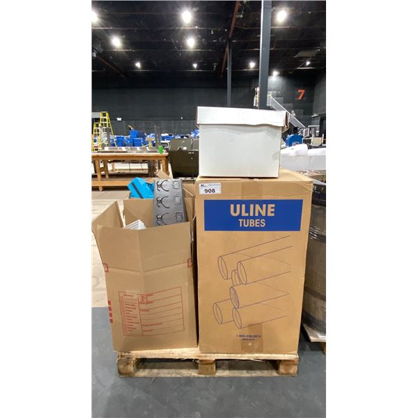 PALLET OF ASSORTED POOL FILTER HOSE, CAUTION TAPE, SAFETY VESTS, DROP CLOTHS, U-LINE CARDBOARD