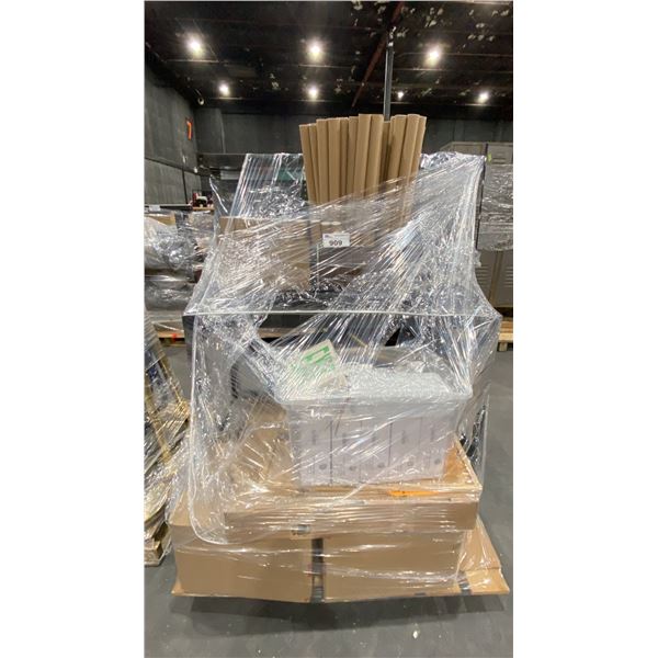 PALLET OF ASSORTED ITEMS- EXIT SIGNS, METAL WORK BENCH, LUGGAGE RACKS, RESEALABLE BAGS & MORE
