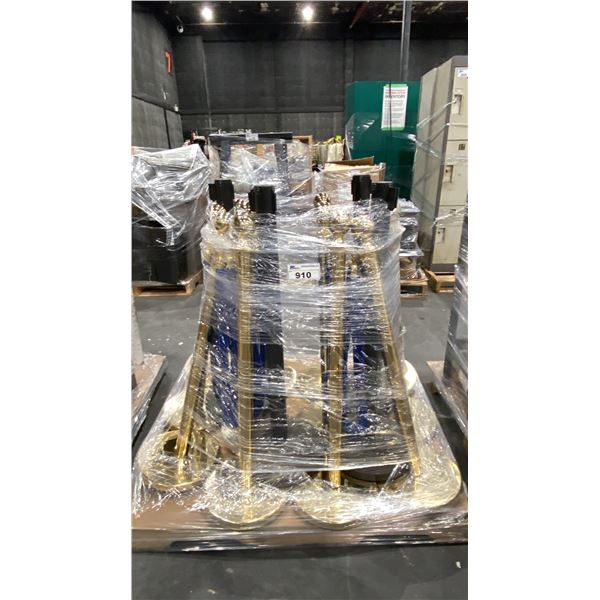 BRASS STANCHIONS WITH BLUE VELVET ROPE & 4 BLACK ULINE RETRACTABLE CROWD CONTROL BARRIERS