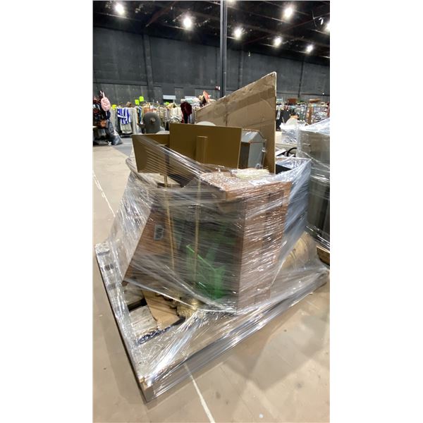 PALLET OF ASSORTED SET DEC ITEMS- WOODWORKING BENCH, SAWHORSE, PROPANE TANK, WOOD LATHE, SIGNS &