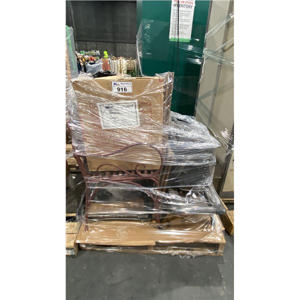 PALLET OF ASSORTED SET DEC ITEMS- METAL BENCH. TABLE TOP BBQ, WOOD STOVE & MORE