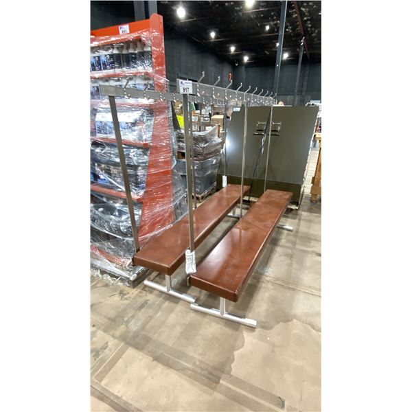 PAIR OF METAL FRAMED WOODEN BENCH SEATS WITH STORAGE HOOKS