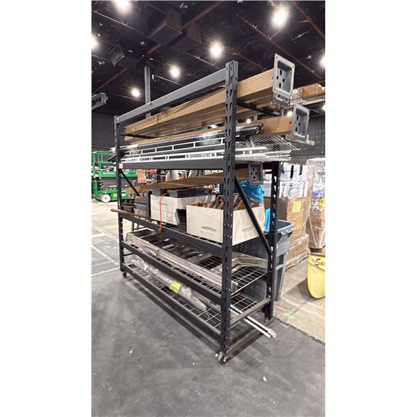 METAL ADJUSTABLE MOBILE SHELVING RACK WITH ASSORTED SHELVING, POSTS, LADDER & MORE