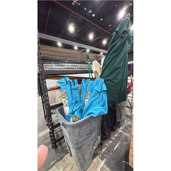 2 PLASTIC MOBILE BINS GARBAGE BINS WITH ASSORTED PATIO UMBRELLAS