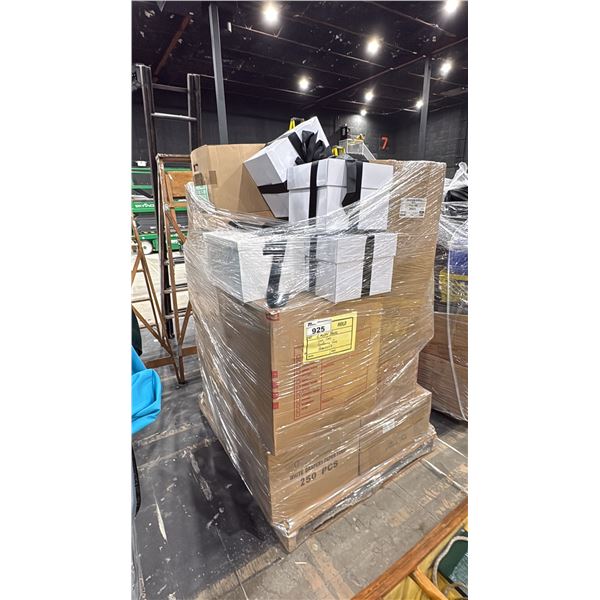 PALLET OF ASSORTED SET DEC ITEMS- GAS CANS, HOSE, GIFT BOXES, PLASTIC CHAIN, BASINS & MORE
