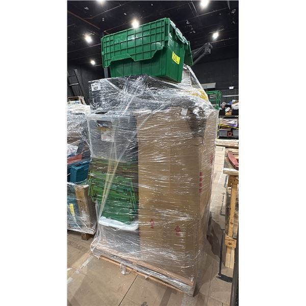 PALLET OF ASSORTED SET DEC ITEMS- TARPS, RAINGEAR, BURLAP, COMPUTER TOWERS, KEYBOARDS &