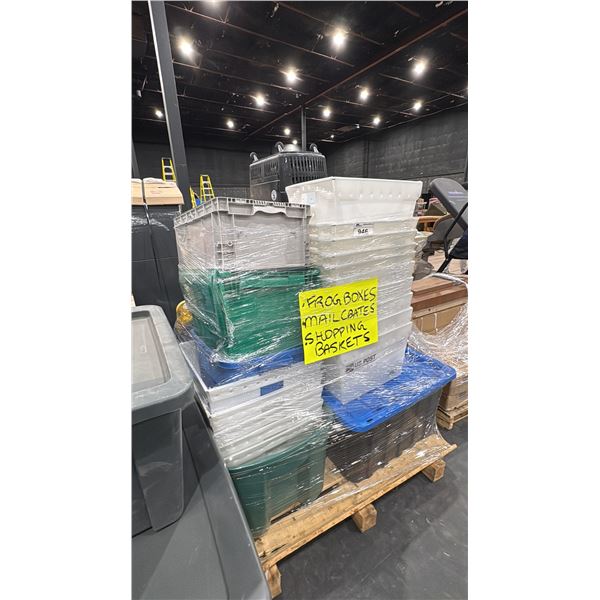 PALLET OF ASSORTED FROG BOXES, MAIL CRATES & SHOPPING BASKETS & STORAGE BINS