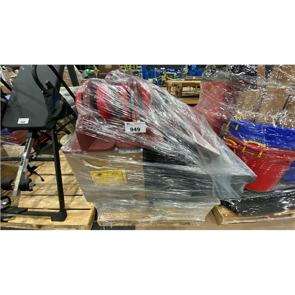 PALLET OF ASSORTED SET DEC ITEMS-FIREBELLS, VASES, MEAT CURTAINS, BASEBOARD HEATERS, TOOLBOXES