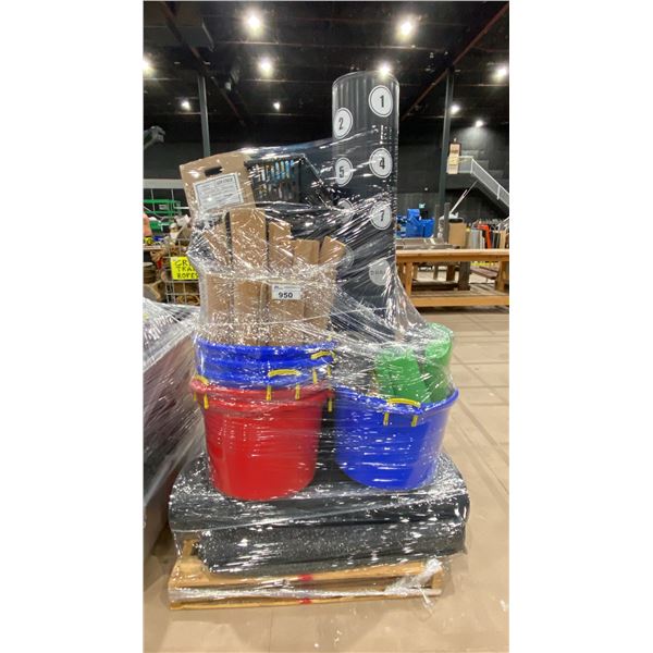 PALLET OF ASSORTED GYM EQUIPMENT- FLOOR MATS, CORK & YOGA MATS, MMA TRAINING STAND, EXERCISE