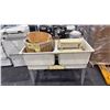 Image 1 : 2 COMPARTMENT PLASTIC TUB LAUNDRY SINK WITH SMALL STOOL, WOVEN BASKET, WOOD BUCKET & WHITE