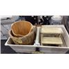 Image 2 : 2 COMPARTMENT PLASTIC TUB LAUNDRY SINK WITH SMALL STOOL, WOVEN BASKET, WOOD BUCKET & WHITE