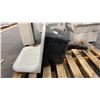 Image 3 : 2 COMPARTMENT PLASTIC TUB LAUNDRY SINK WITH SMALL STOOL, WOVEN BASKET, WOOD BUCKET & WHITE