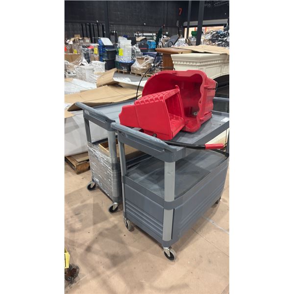 2 PLASTIC RUBBERMAID COMMERCIAL CARTS WITH UNDERNEATH STORAGE CABINET & MOBILE MOP BUCKET