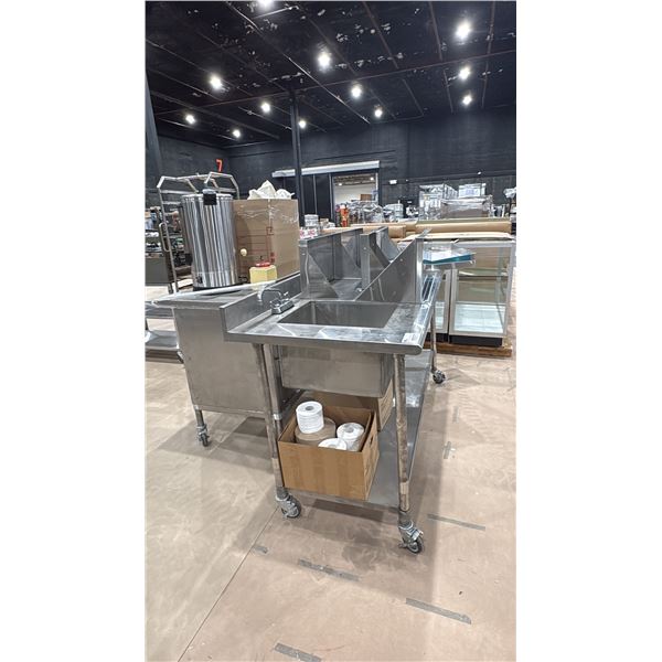 2 MOBILE ULINE STAINLESS STEEL COMMERCIAL PREP TABLES- 1 WITH SINK, LARGE GROUP OF ASSORTED