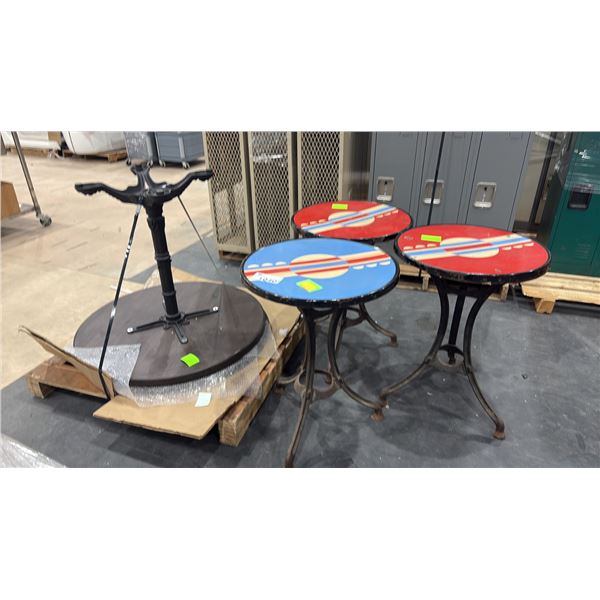 3 RETRO TABLES, DARK WOOD TOP ROUND TABLE WITH METAL BASE & EXTRA TOP