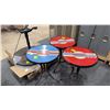 Image 2 : 3 RETRO TABLES, DARK WOOD TOP ROUND TABLE WITH METAL BASE & EXTRA TOP