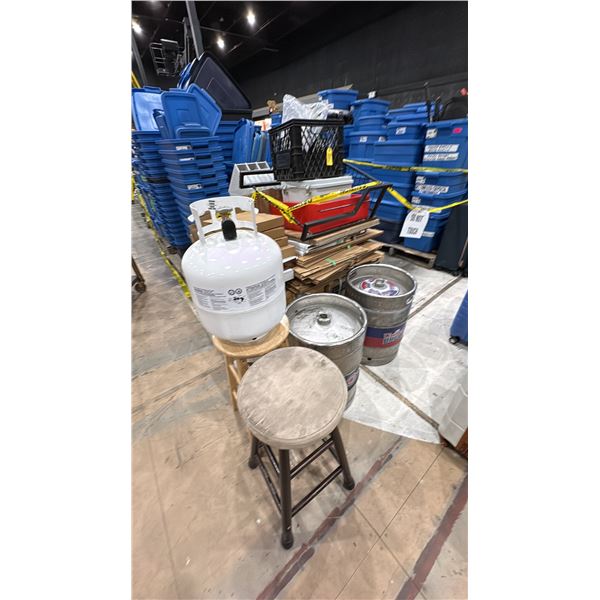LARGE GROUP OF ASSORTED SET DEC ITEMS- MEGAPHONE, PARTS & HARDWARE, PROPANE TANK, KEGS, BASEBALLS,