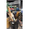 Image 2 : MOBILE RACK WITH ASSORTED TOOL BAGS & 2 BARRELS OF GARDEN TOOLS