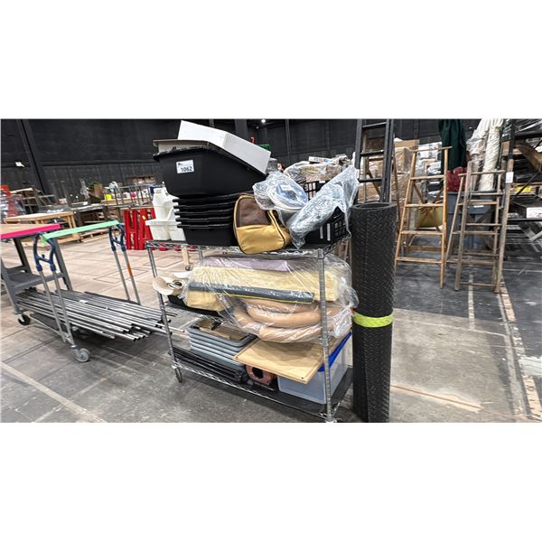 MOBILE CART WITH ASSORTED DISH BINS, PAPER ROLL, TRIPOD, ANTI FATIGUE MAT, FOAM, DUFFLE BAG & MORE