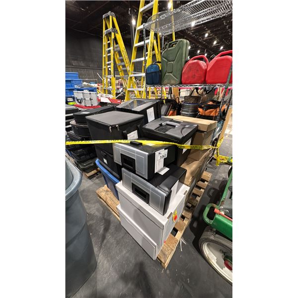 PALLET OF FILE BOXES, CASES & BLUE TOTES