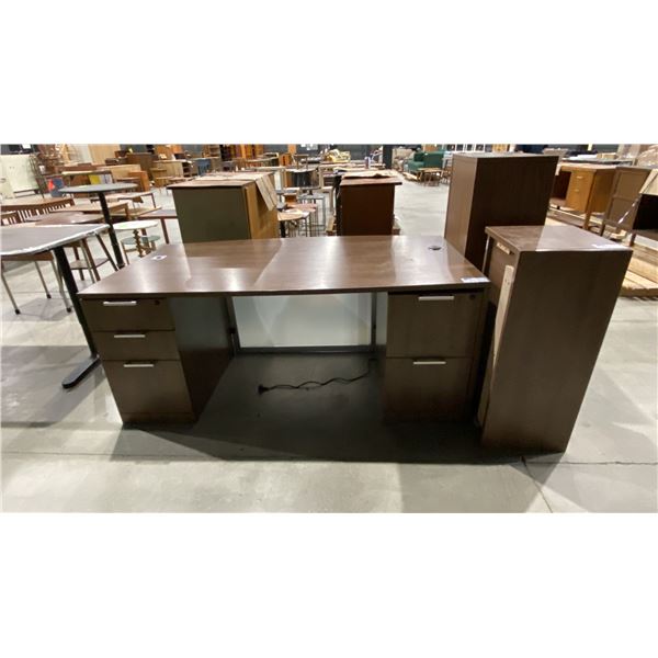 LARGE 5 DRAWER DESK WITH OVERHEAD CABINET & SIMILAR OFFICE CABINET