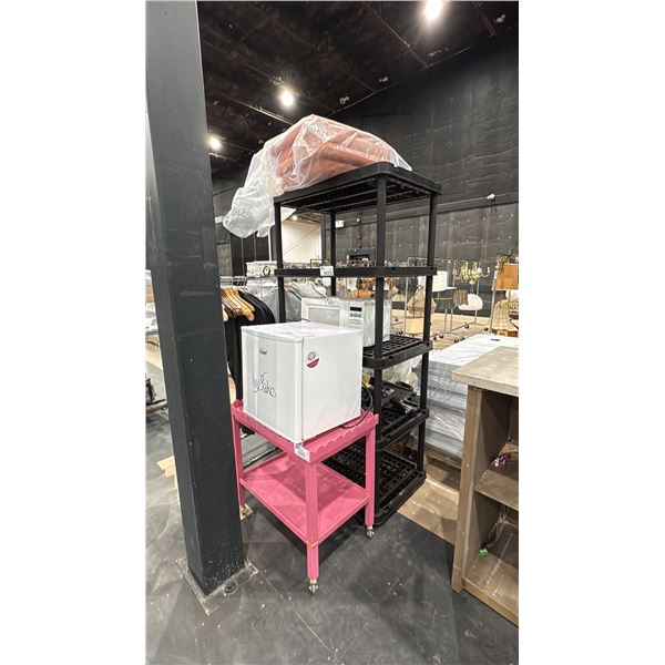 BLACK PLASTIC SHELVING UNIT, PINK MOBILE SERVING CART, MINI FRIDGE, MICROWAVE, 4 ORANGE CUSHIONS,