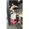 Image 1 : BLACK PLASTIC SHELVING UNIT, PINK MOBILE SERVING CART, MINI FRIDGE, MICROWAVE, 4 ORANGE CUSHIONS,