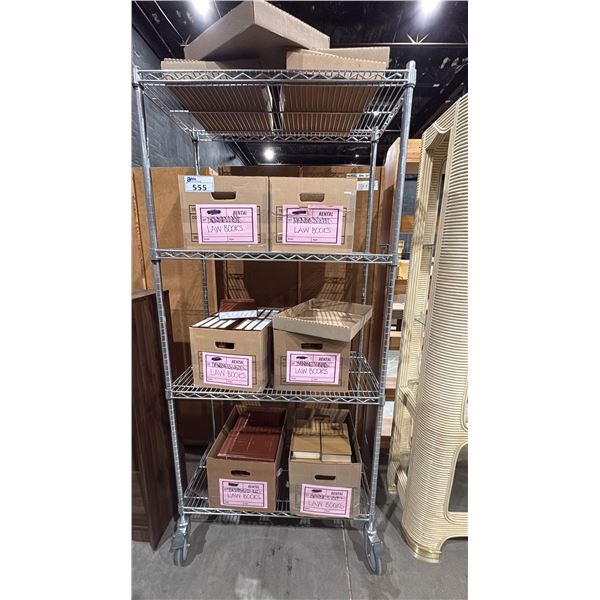 MOBILE RACK WITH BOXES OF LAW BOOKS
