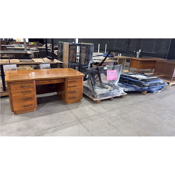 PALLET OF TABLE TOPS, PALLET OF TABLE LEGS & WOOD DESK