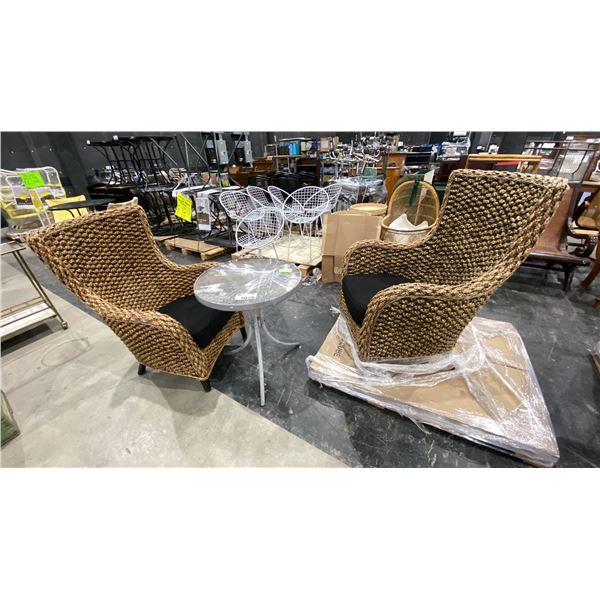 PAIR OF WOVEN CHAIRS WITH SMALL TABLE