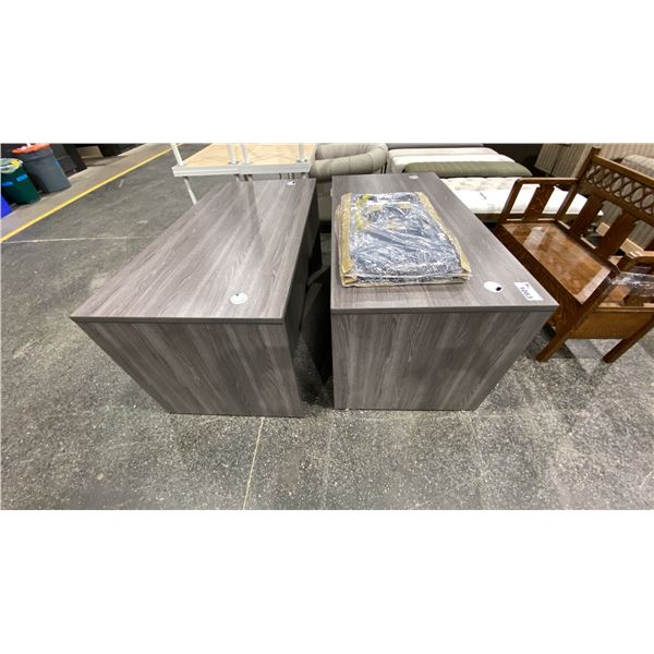 2 GREY 2 DRAWER OFFICE DESKS AND PAIR OF FOLDING CHAIRS